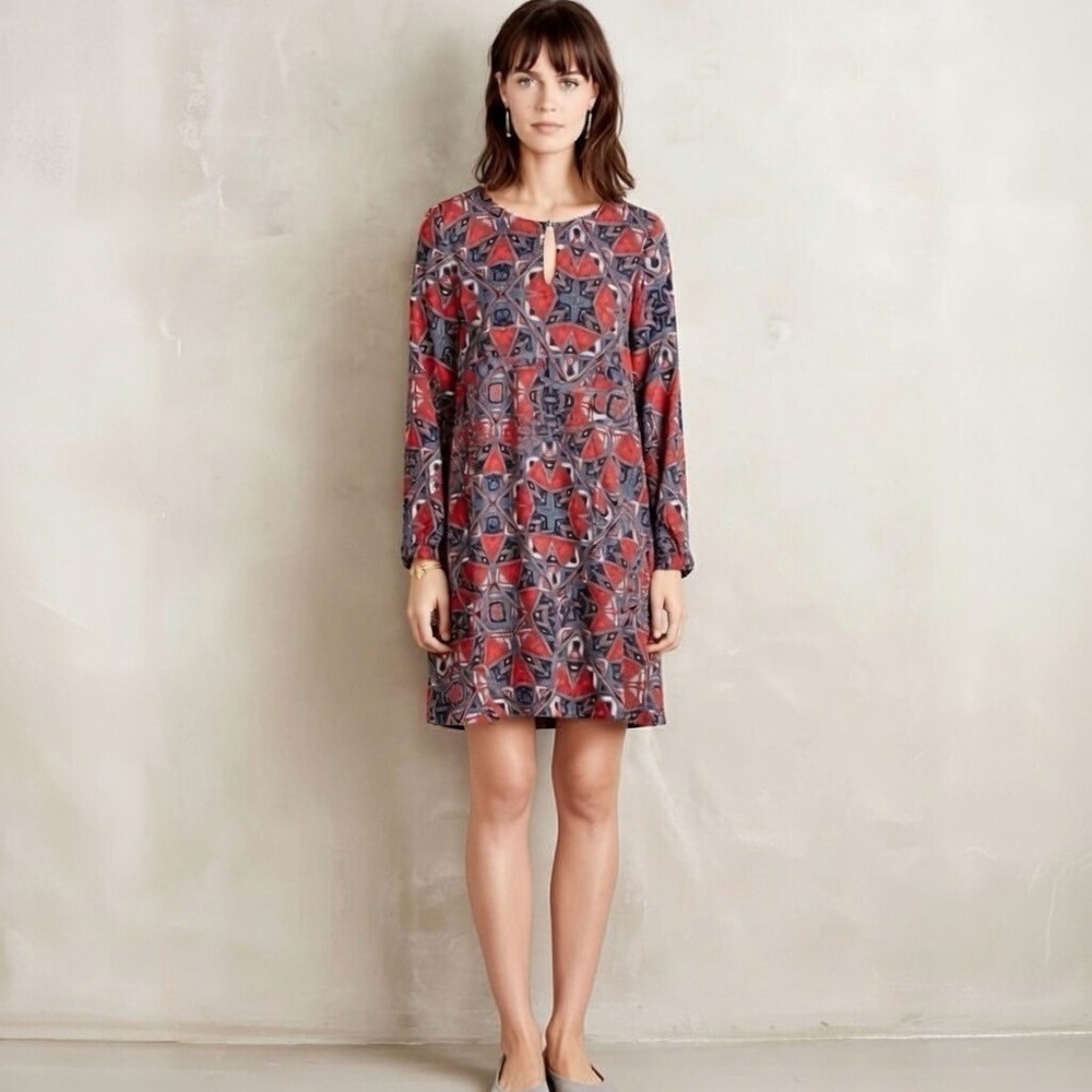 Anthropologie Paper Crown Geometric Print Long Sleeve Keyhole Neck Mini Dress XS